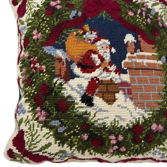 Vintage Needlepoint Santa Rooftop Throw Pillow Floral Bows Classic Traditional - Picture 5 of 6